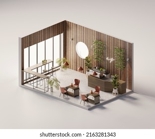 Isometric View Minimal Cafe Store Open Inside Interior Architecture, 3d Rendering Digital Art.