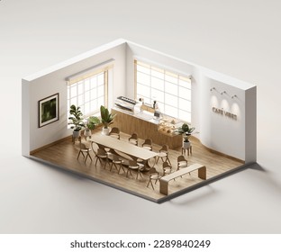 Isometric view minimal cafe store open inside interior architecture, 3d rendering digital art.