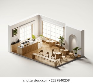 Isometric view minimal cafe store open inside interior architecture, 3d rendering digital art.