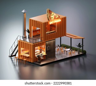 Isometric View Minimal Pizza Restaurant Container Store Exterior Architecture, 3d Rendering Digital Art.