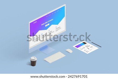 Isometric view of a modern computer displaying a web page creator interface, showcasing online tools for web page creation