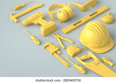 Isometric view of monochrome construction tools for repair and installation on grey and yellow background. 3d rendering and illustration of service banner for house plumber or repairman