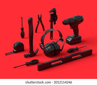 Isometric view of monochrome construction tools for repair and installation on red and black background. 3d rendering and illustration of service banner for house plumber or repairman - Powered by Shutterstock