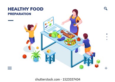 Isometric view on kitchen with family cooking healthy or vegetarian meal. Woman and children at vegan food preparation. Smartphone application page for home recipe or online cookbook.Organic nutrition - Powered by Shutterstock