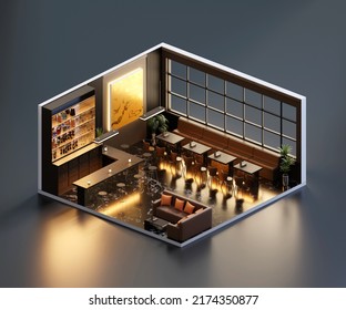 Isometric View Restaurant Open Inside Interior Architecture, 3d Rendering.