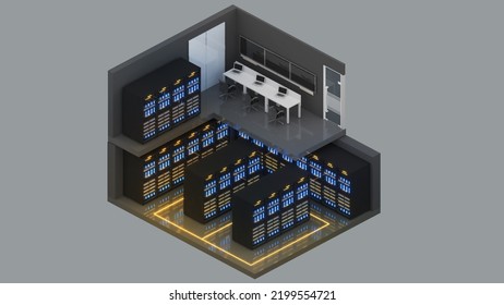 Isometric View Of A Small  Server Room And Control Room,Data Center With Multiple Rows Of Fully Operational Server Racks., 3d Rendering.