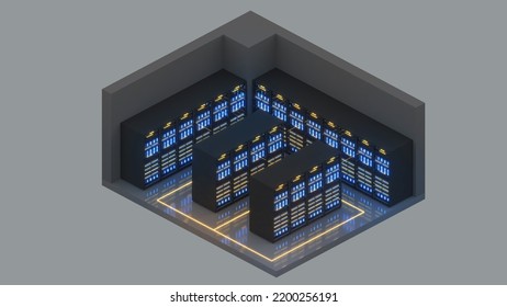 Isometric View Of A Small Size Server Room,Data Center With Multiple Rows Of Fully Operational Server Racks., 3d Rendering.