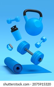 Isometric view of sport equipment like yoga mat, dumbbell and smart watches on blue background. 3d render of power lifting and fitness concept