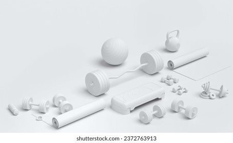 Isometric view of sport equipment like yoga mat, kettlebell, fitness ball and smart watches on monochrome background. 3d render of power lifting and fitness concept - Powered by Shutterstock