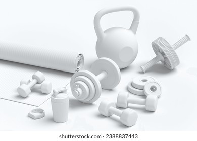 Isometric view of sport equipment like yoga mat, kettlebell, fitness ball and smart watches on monochrome background. 3d render of power lifting and fitness concept - Powered by Shutterstock