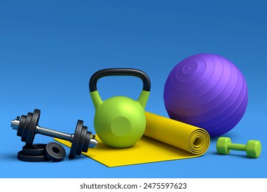 Isometric view of sport equipment like yoga mat, kettlebell, fitness ball and smart watches on blue background. 3d render of power lifting and fitness concept - Powered by Shutterstock