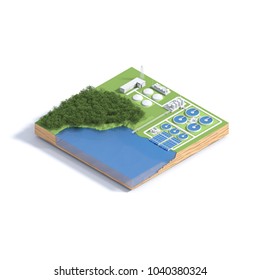 Isometric View Wastewater Treatment Plant Concept. 3D Illustration
