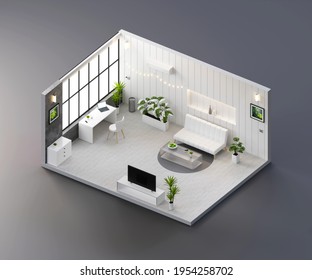 Isometric View White Living Room Open Inside Interior Architecture, 3d Rendering.