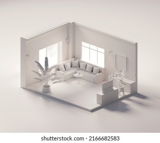 Isometric View White Living Room Open Inside Interior Architecture, 3d Rendering Digital Art.