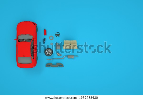 Isometric volumetric models of the car\
and its spare parts. Car repairs, spare parts are nearby. Red car\
on a blue background. Top view. 3D computer\
graphics.