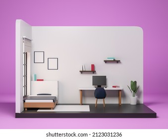 Isometric white bedroom interior with bed and pc desktop on table. Shelf with books and plant, carpet and black concrete floor. Window and two mock up canvas posters, 3D rendering