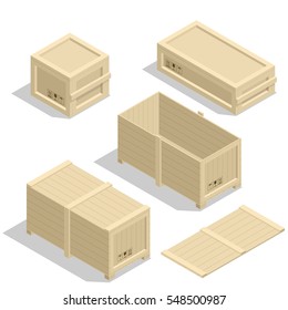 Isometric Wooden Boxes On White. The Box For Transportation Of Fruit, Vegetables And Other Goods.