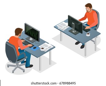 Isometric young programmer coding new project sitting on computer with command line web development, programming concept banner Digital devices programmer creating website writing computer software - Powered by Shutterstock