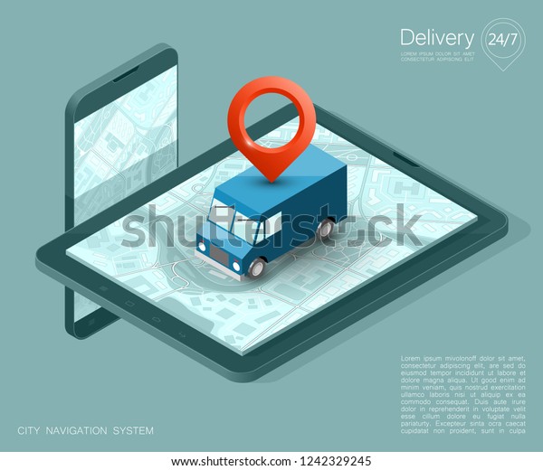 Isometry city map navigation route, phone point\
delivery van, isometric schema itinerary delivery car, city plan\
GPS navigation, itinerary destination arrow city map. Route\
delivery truck check\
point