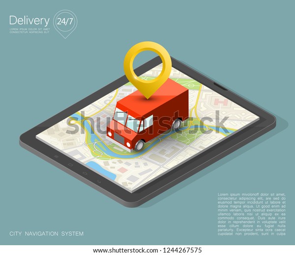 Isometry city map navigation route, phone point\
delivery van, isometric schema itinerary delivery car, city plan\
GPS navigation, itinerary destination arrow city map. Route\
delivery truck check\
point