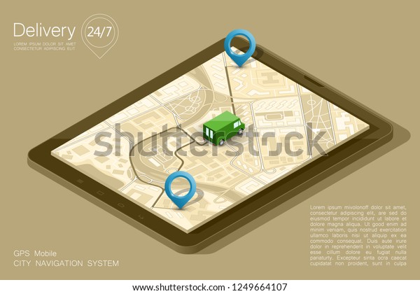 isometry City map navigation route, phone point\
delivery van, isometric schema itinerary delivery car, city plan\
GPS navigation, itinerary destination arrow city map. Route\
delivery truck check\
point