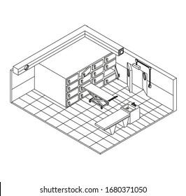 Isometry. Mortuary Room, Refrigerator, Autopsy Table And Cart. Outline Drawing. Only Line.