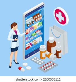 Isomtric Buy Medicaments And Drugs Online. Healthcare Online Pharmacy App. Concept Online Drugstore.