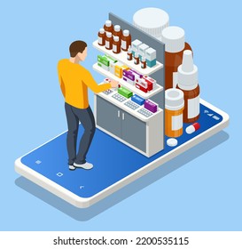 Isomtric Buy Medicaments And Drugs Online. Healthcare Online Pharmacy App. Concept Online Drugstore.