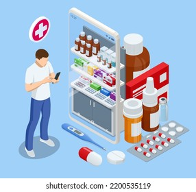 Isomtric Buy Medicaments And Drugs Online. Healthcare Online Pharmacy App. Concept Online Drugstore.