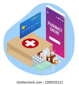 Isomtric Buy Medicaments And Drugs Online. Healthcare Online Pharmacy App. Concept Online Drugstore.