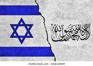 Israel and Afghanistan painted flags on a wall with a crack. Israel and Taliban conflict. Taliban and Israel flags together. Taliban vs Israel