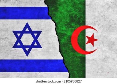 Israel and Algeria painted flags on a wall with a crack. Algeria and Israel conflict. Israel and Algeria flags together.Israel vs Algeria