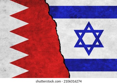 Israel and Bahrain painted flags on a wall with a crack. Israel and Bahrain relations. Bahrain and Israel flags together. Bahrain vs Israel