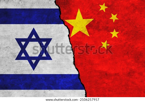 Israel and China painted flags on a wall with a\
crack. Israel and China relations. China and Israel flags together.\
China vs Israel