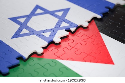 Israel Flag Versus Palestine Flag, On Puzzle Pieces In Concept Of Border Conflict. 3D Illustration.