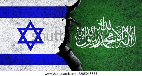 Israel and Hamas flags\
together. Palestine military and Israel relation, conflict concept.\
Israel vs Hamas