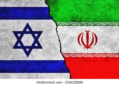 Israel and Iran painted flags on a wall with a crack. Israel and Iran conflict. Iran and Israel flags together. Iran vs Israel