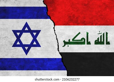 Israel and Iraq painted flags on a wall with a crack. Israel and Iraq conflict. Iraq and Israel flags together. Iraq vs Israel
