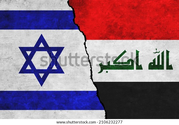Israel and Iraq painted flags on a wall with a\
crack. Israel and Iraq conflict. Iraq and Israel flags together.\
Iraq vs Israel