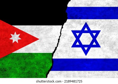 Israel and Jordan flags on a wall with a crack. Israel vs Jordan image. Mossad Israel alliance, politics, economy, trade, relationship and conflicts concept