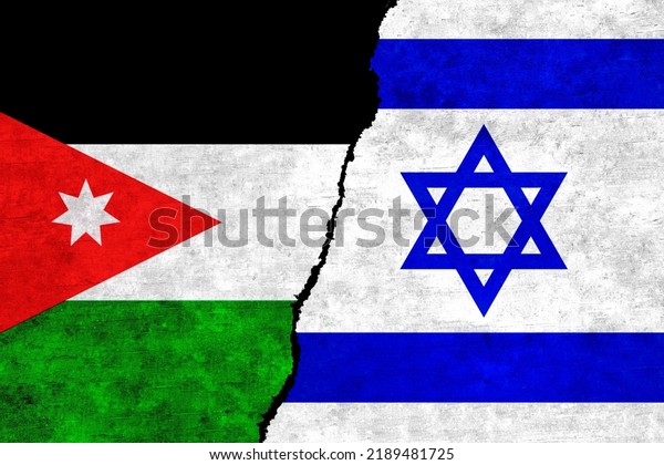 Israel and Jordan flags on a wall with\
a crack. Israel vs Jordan image. Mossad Israel alliance, politics,\
economy, trade, relationship and conflicts\
concept