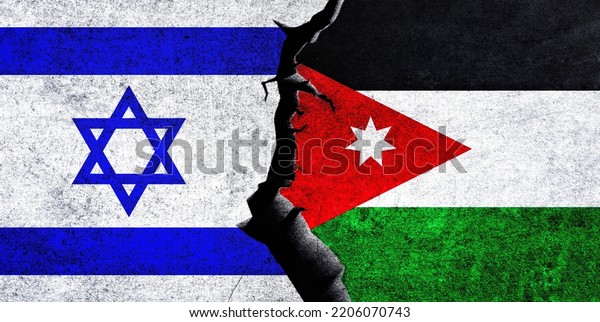 Israel and\
Jordan flags together. Jordan and Israel relation, conflict,\
crisis, economy concept. Israel vs\
Jordan