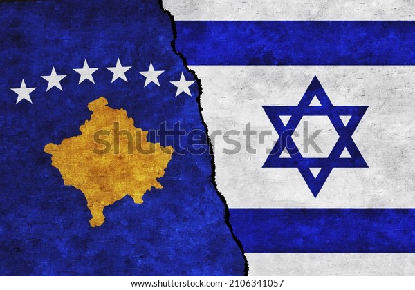 Israel and Kosovo painted flags on a wall with a\
crack. Israel and Kosovo relations. Kosovo and Israel flags\
together. Kosovo vs\
Israel