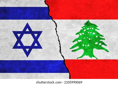 Israel and Lebanon painted flags on a wall with a crack. Israel and Lebanon conflict. Lebanon and Israel flags together.Israel vs Lebanon