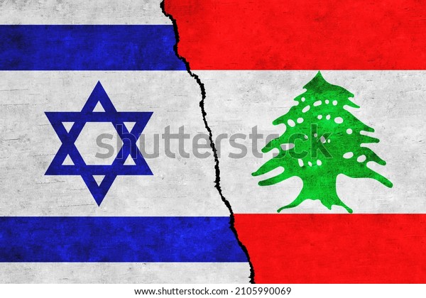 Israel and Lebanon painted flags on a wall with a\
crack. Israel and Lebanon conflict. Lebanon and Israel flags\
together.Israel vs\
Lebanon