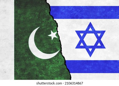 Israel and Pakistan painted flags on a wall with a crack. Israel and Pakistan conflict. Pakistan and Israel flags together. Pakistan vs Israel