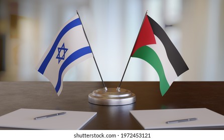 Israel And Palestine Flags On Table. Negotiation In Conflict Concept. 3D Rendered Illustration.