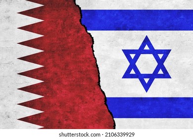 Israel and Qatar painted flags on a wall with a crack. Israel and Qatar conflict. Qatar and Israel flags together. Qatar vs Israel