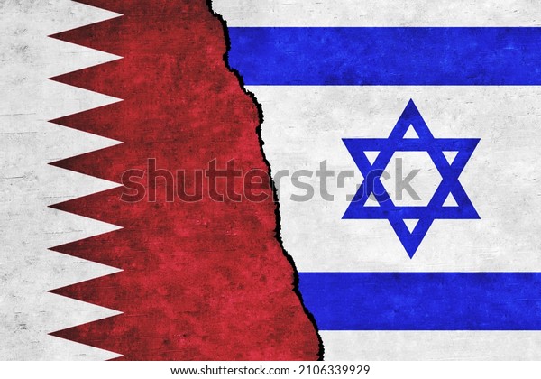 Israel and Qatar painted flags on a wall with a\
crack. Israel and Qatar conflict. Qatar and Israel flags together.\
Qatar vs Israel