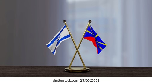 Banderas del volcán radiante de Israel y Reunión sobre la mesa. Negociación entre el RPV e Israel. sobre un fondo poco desdibujado. Trabajo 3D e imagen 3D